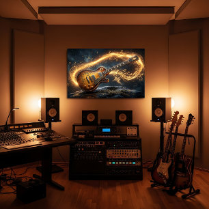 Magische goldene Gitarren-Fantasie-Musiknoten Leinwanddruck