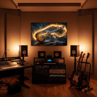 Magische goldene Gitarren-Fantasie-Musiknoten Leinwanddruck