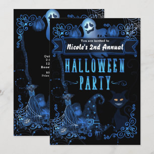 Magische Halloween-Party-Schwarze-Katze-Blaulicht Einladung