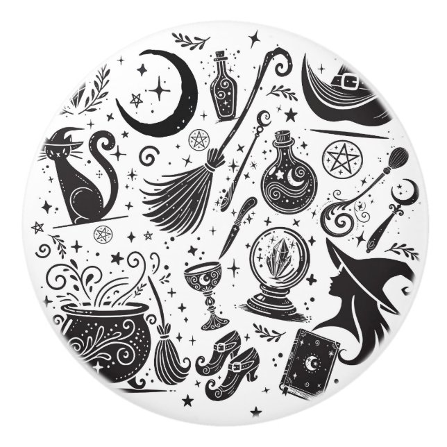 Magische Hexe Whimsical Wiccan Pagan Black & White Keramikknauf (Vorderseite)