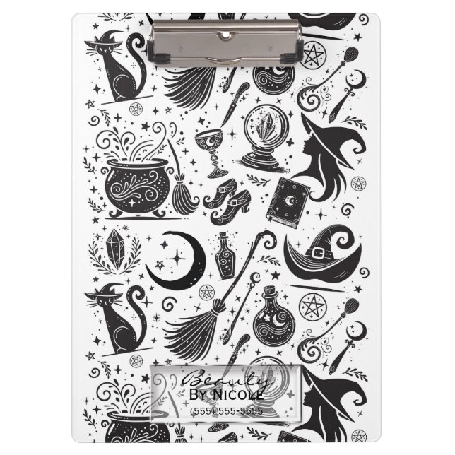 Magische Hexe Whimsical Wiccan Pagan Black & White Klemmbrett (Vorderseite)