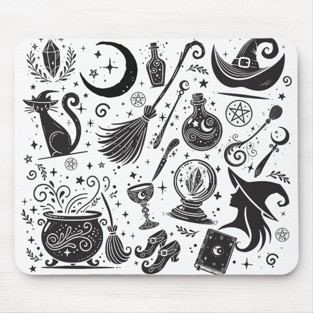 Magische Hexe Whimsical Wiccan Pagan Black & White Mousepad (Vorne)