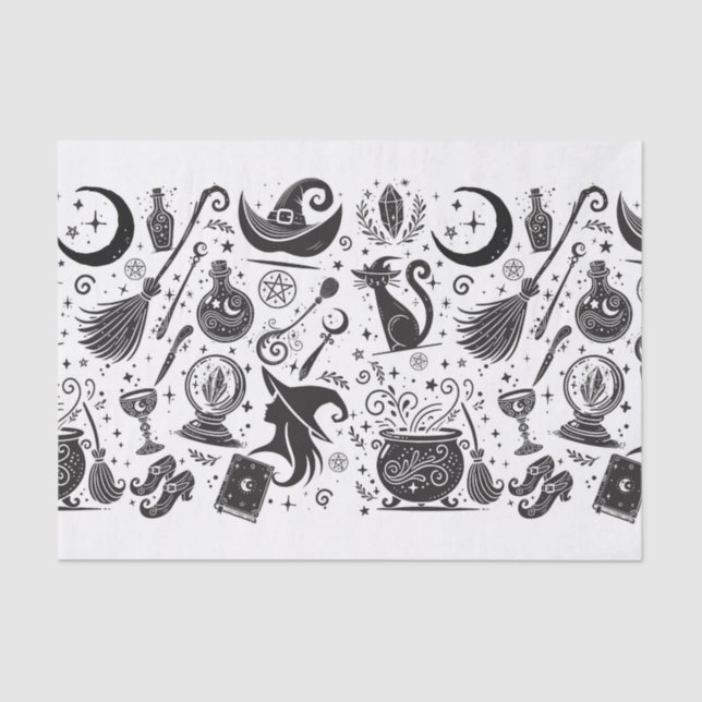 Magische Hexe Whimsical Wiccan Pagan Black & White Seidenpapier (Vorderseite)
