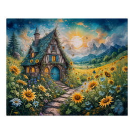 Magische Hütte mit Sonnenblumenfeld Poster