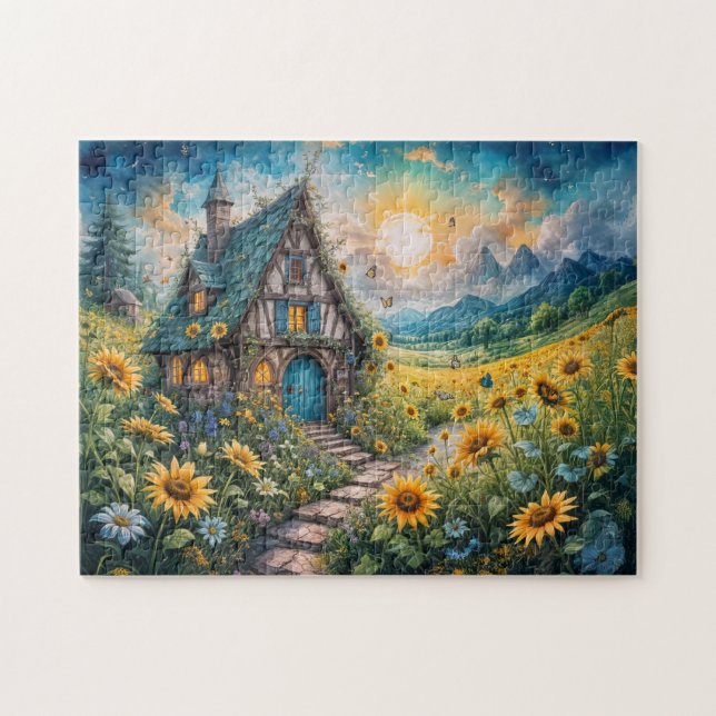 Magische Hütte mit Sonnenblumenfeld Puzzle (Horizontal)