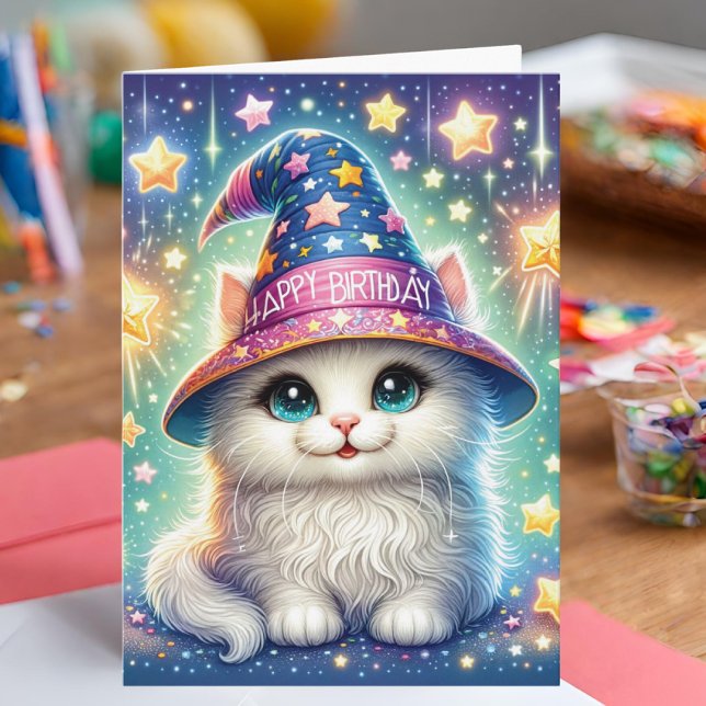 Magische Katze Geburtstagskarte Karte (Birthday card with a cute cat in a wizard hat.)