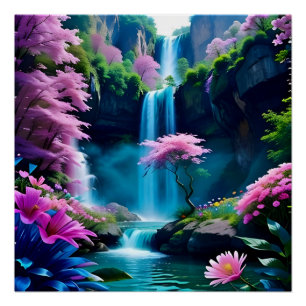 Magische Landschaft Wasserfall und Blume Eins Poster