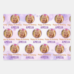 Magische lila Foto-Geburtstagsfeier Geschenkpapier Set