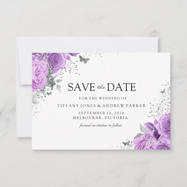 Magische Lila Lavendel-Rose Blumenhochzeit Save The Date (Vorderseite)