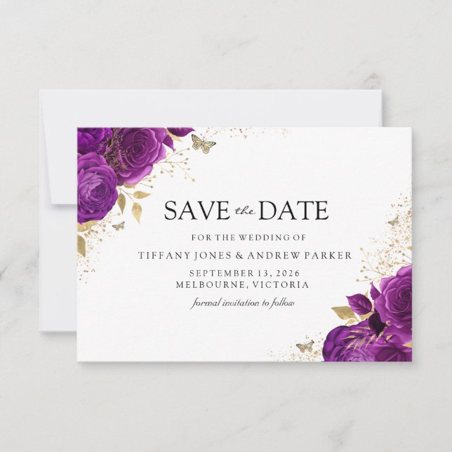 Magische Lila Violetenszene Rose Hochzeit der Blüt Save The Date (Vorderseite)
