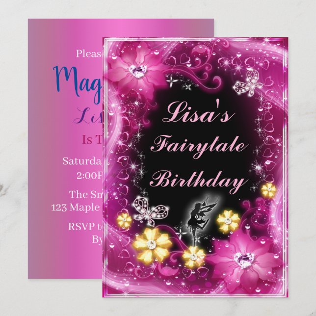 Magische Mäuse und Schmetterlinge Rosa Blütengebur Einladung (Vorne/Hinten)