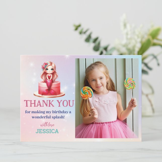 Magische Meerjungfrau 5. Geburtstag unter dem Foto Einladung (Stehend Vorderseite)