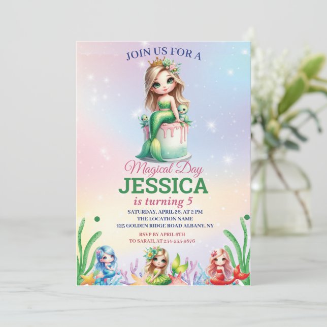 Magische Meerjungfrau 5. Geburtstag unter dem Foto Einladung (Stehend Vorderseite)