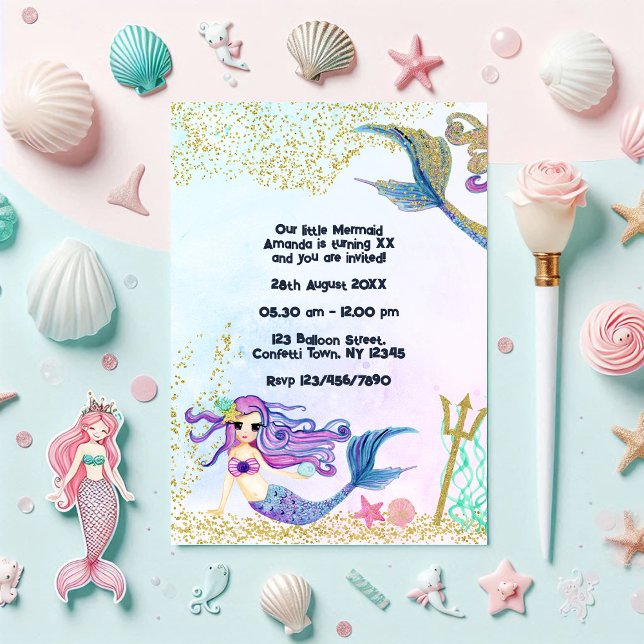 Magische Meerjungfrau Imitats Glitzer Kindergeburt Einladung (Magical Mermaid Faux Glitter Kids Birthday Party Invitation)
