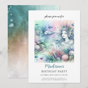 Magische Meerjungfrau Mädchen Wasserfarbe Geburtst Einladung
