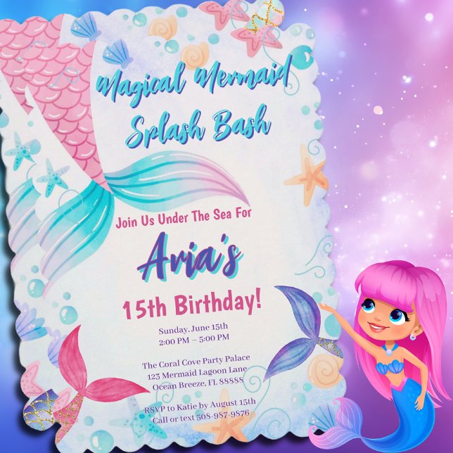 Magische Meerjungfrau Schwanz Glitzer Geburtstagsp Einladung (Magical Mermaid Birthday Party Invitation)