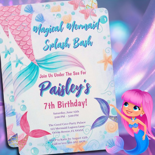Magische Meerjungfrau Wasserfarbe Schwanz Geburtst Einladung (Magical Mermaid Invite)