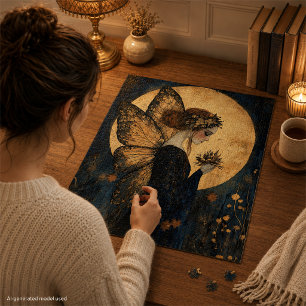 Magische Nachtfee mit Blumen unter goldenem Mond Puzzle
