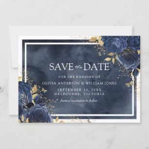 Magische Navy Floral Watercolor Gold Hochzeit Save The Date