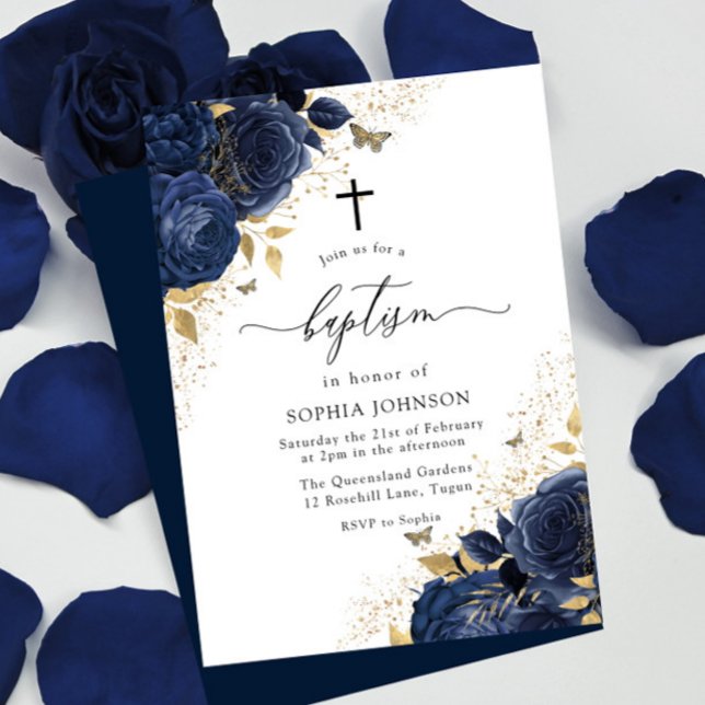 Magische Navy Indigo Blue Rose & Gold Taufe Einladung (Von Creator hochgeladen)