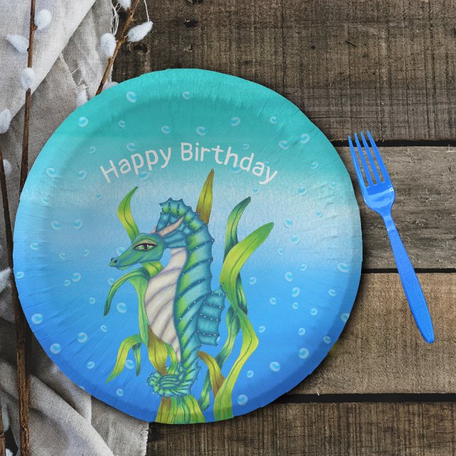 Magische Ozeandrache Horns Seetang-Blues Pappteller (Magical ocean aqua blue sea dragon seaweed on water shades of blue with bubbles paper Birthday bowl.)