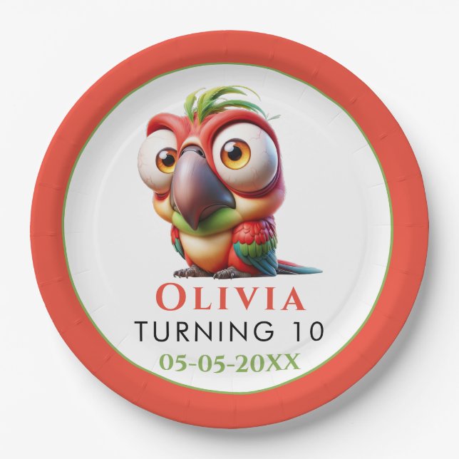 Magische Papageienkarikaturen 1. Geburtstag Pappteller (Vorderseite)