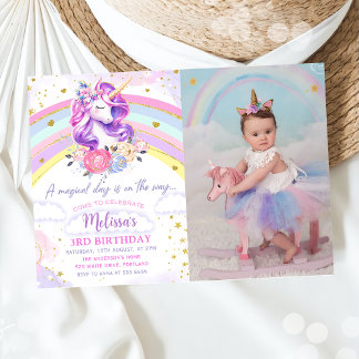 Magische Pastel Rainbow Unicorn Geburtstags-Foto Einladung