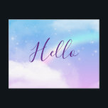 Magische Pastel Wolken und ein Regenbogen Hallo Postkarte<br><div class="desc">Eine Postkarte mit einem weichen und schönen Hintergrundbild. Pastel Blues und rosa Wolken mit einem magischen Regenbogen.</div>