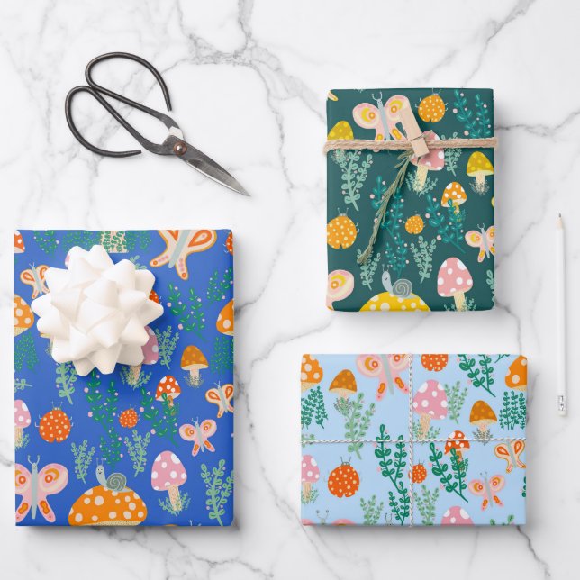 Magische Pilze Niedliche Schmetterlinge Schnecken  Geschenkpapier Set (Vorderseite)