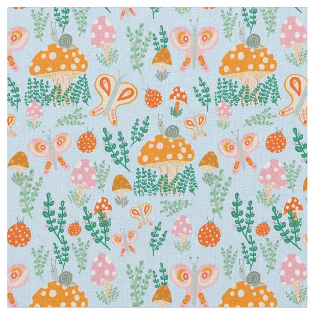 Magische Pilze Niedliche Schmetterlinge Schnecken  Stoff (Nahaufnahme)