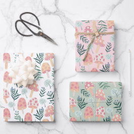 Magische Pilze Waldmuster Pink Green Geschenkpapier Set