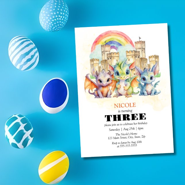 Magische Rainbow Castle Niedliche Baby Dragons Geb Einladung (Von Creator hochgeladen)