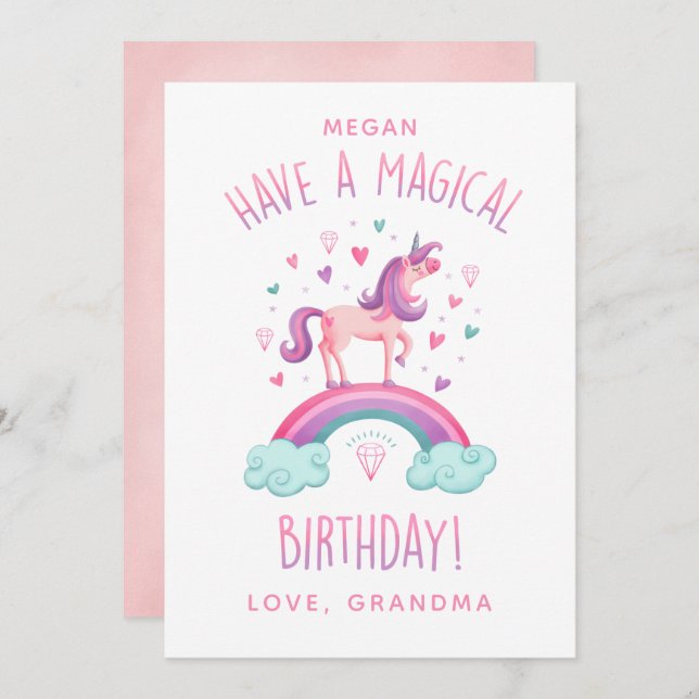Magische Rainbow Unicorn Girl Birthday Card Einladung (Vorne/Hinten)
