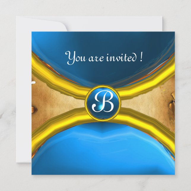 MAGISCHE RINGE ,MONOGRAMM Pergament Edelstein blau Einladung (Vorderseite)