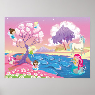 Magische Riverbank mit Fairies Unicorn und Meerjun Poster