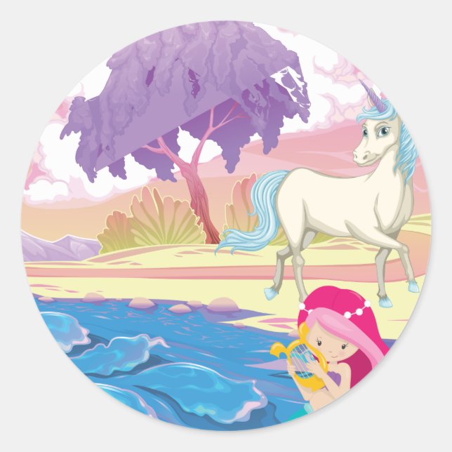 Magische Riverbank mit Fairies Unicorn und Meerjun Runder Aufkleber (Vorderseite)