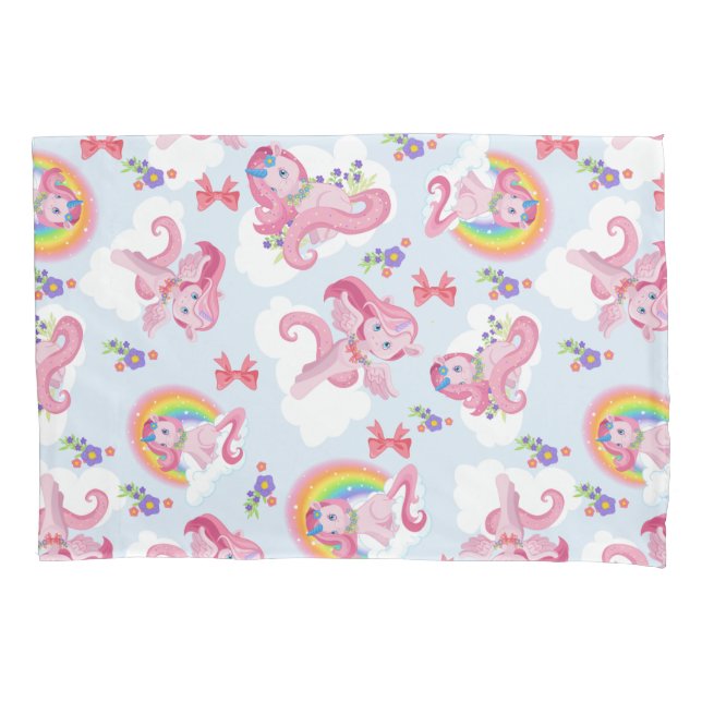 Magische Rosa Einhorn Girly Rainbow Blume Kissenbezug (Vorderseite)