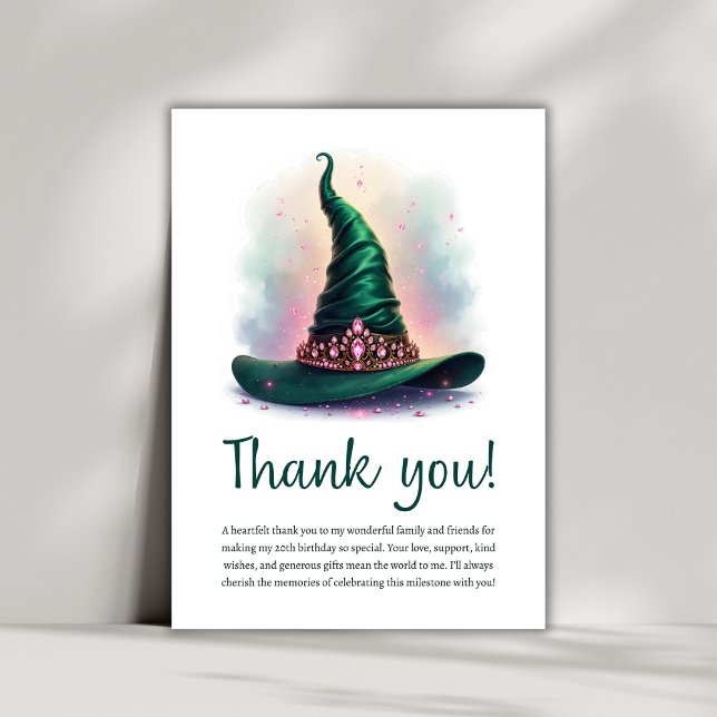 Magische Rosa Krone & Grüner Witzhut Geburtstag Dankeskarte (Whimsical Crown & Green Wicked Witch Hat Birthday Thank You Card)