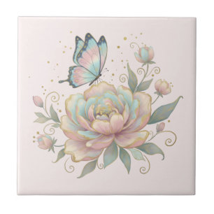 Magische Rose und Schmetterling in Pastellfarben Fliese