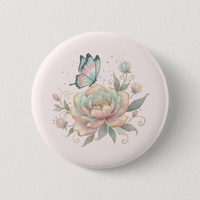 Magische Rose und Schmetterling Pastell Button (Vorderseite)