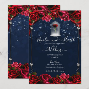 Magische rote Rose Weißgold Silber Blau Hochzeit  Einladung