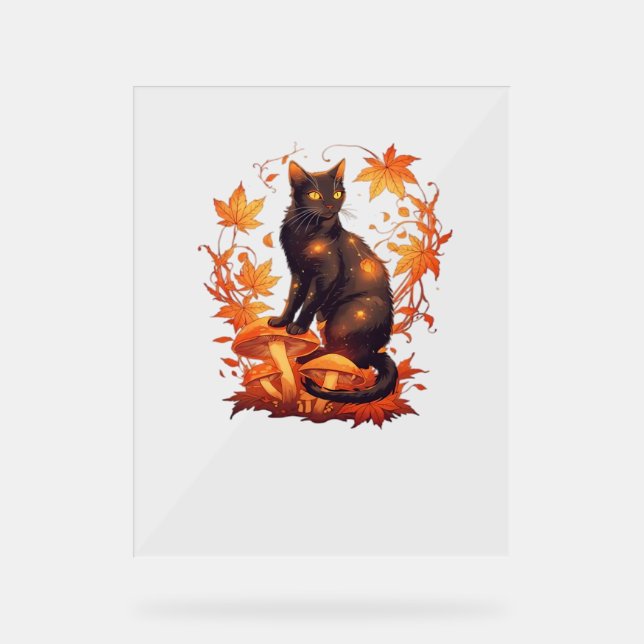 Magische Schwarze Katze im Herbstwald - Fallen Acrylschild (Vorderseite)