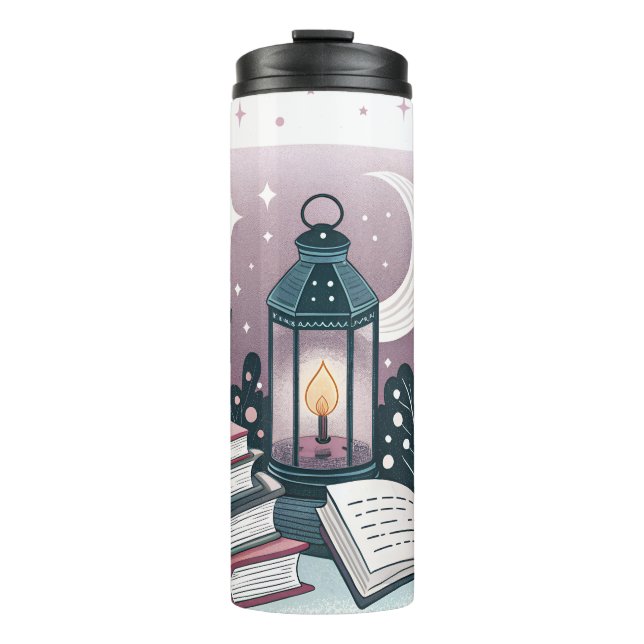 Magische Spätnachts Leseleitung Laterne Buchstapfe Thermosbecher (Vorderseite)