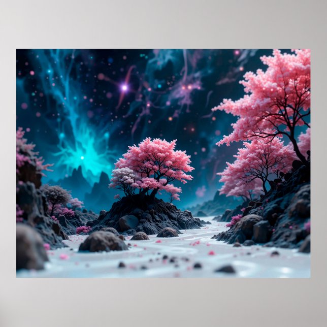 Magische Traumlandschaft mit leuchtend rosa Bäumen Poster (Vorne)