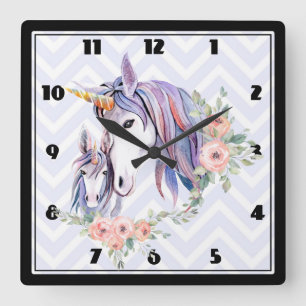 Magische Unicorn Mama & Baby Watercolor Quadratische Wanduhr