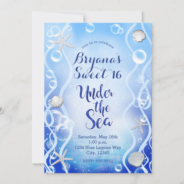 Magische unter dem Meer blauer Faden Süße 16 Gebur Einladung (Vorderseite)