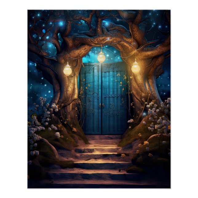 Magische verzauberte Fantasy Forest Old Blue Door Poster (Vorderseite)