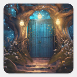 Magische verzauberte Fantasy Forest Old Blue Door Quadratischer Aufkleber