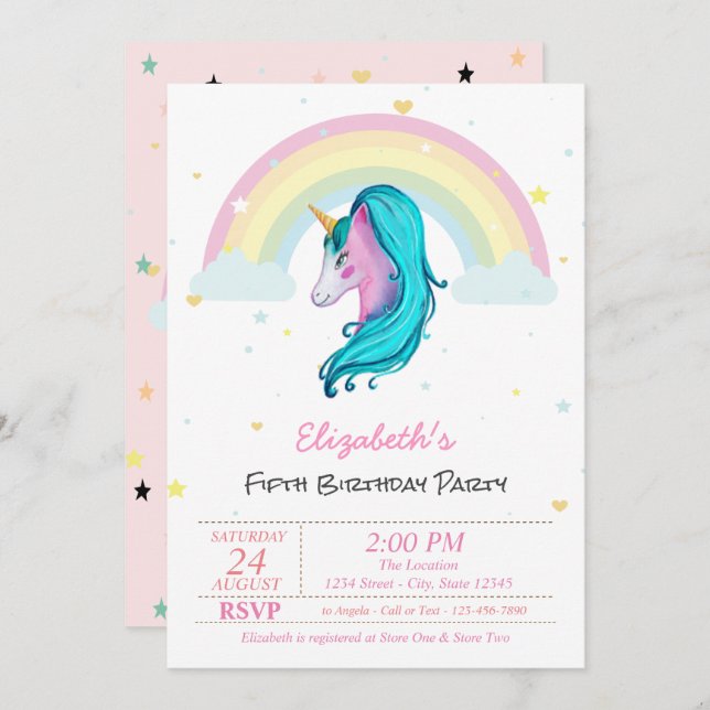 Magische Wasserfarbe Einhorn Regenbogenstars Gebur Einladung (Vorne/Hinten)