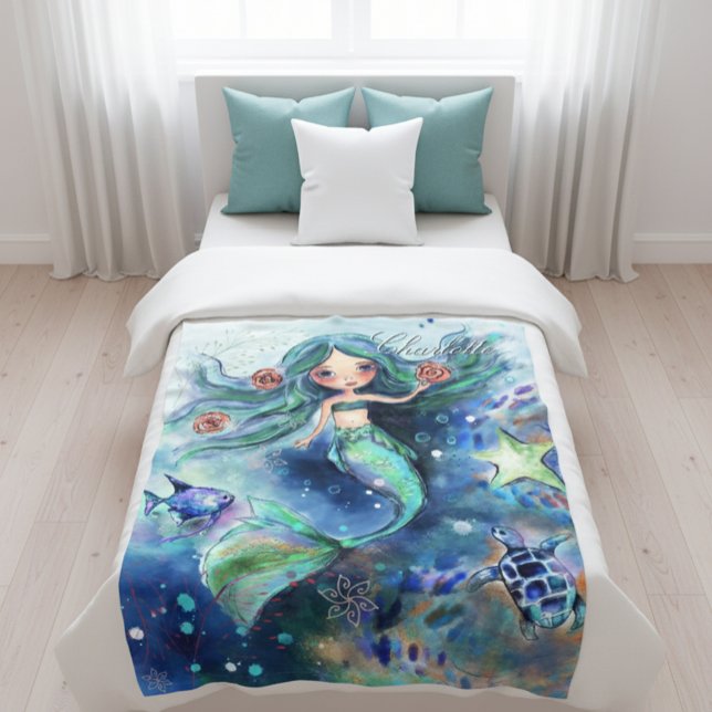 Magische Wasserfarbe Meerjungfrau Personalisierte  Fleecedecke (Magical Watercolor Mermaid Personalized Kids Fleece Blanket)